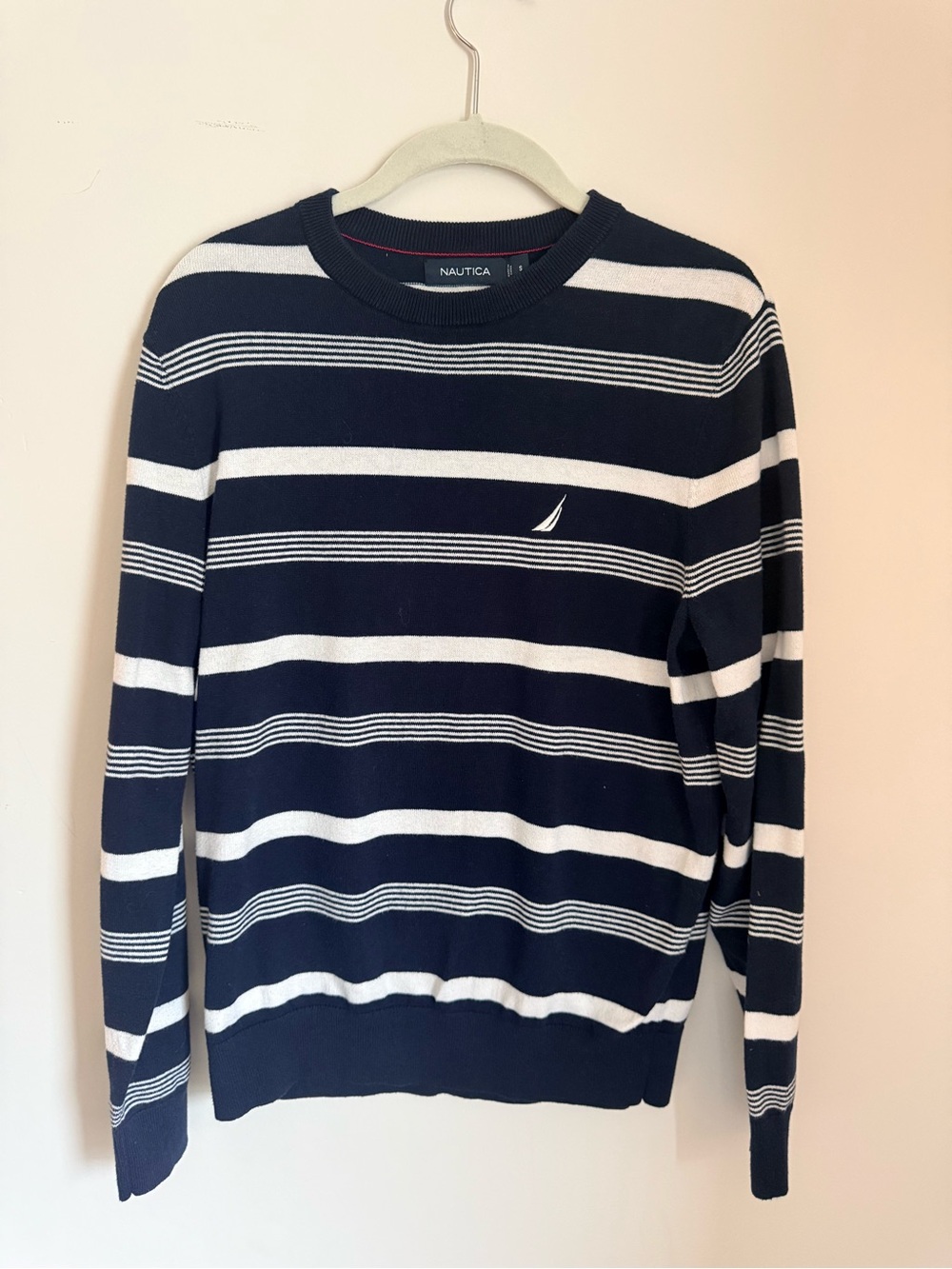 Nautica Men’s Navy & White Striped Crewneck Sweater size small